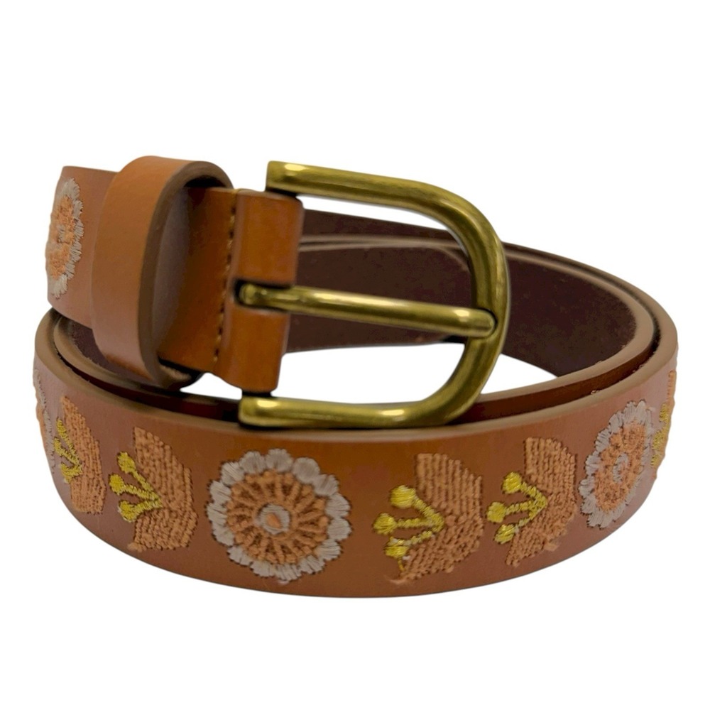 Lucky Brand Women’s Medium Golden Floral Embroidered 100% Leather Brown Belt NWT